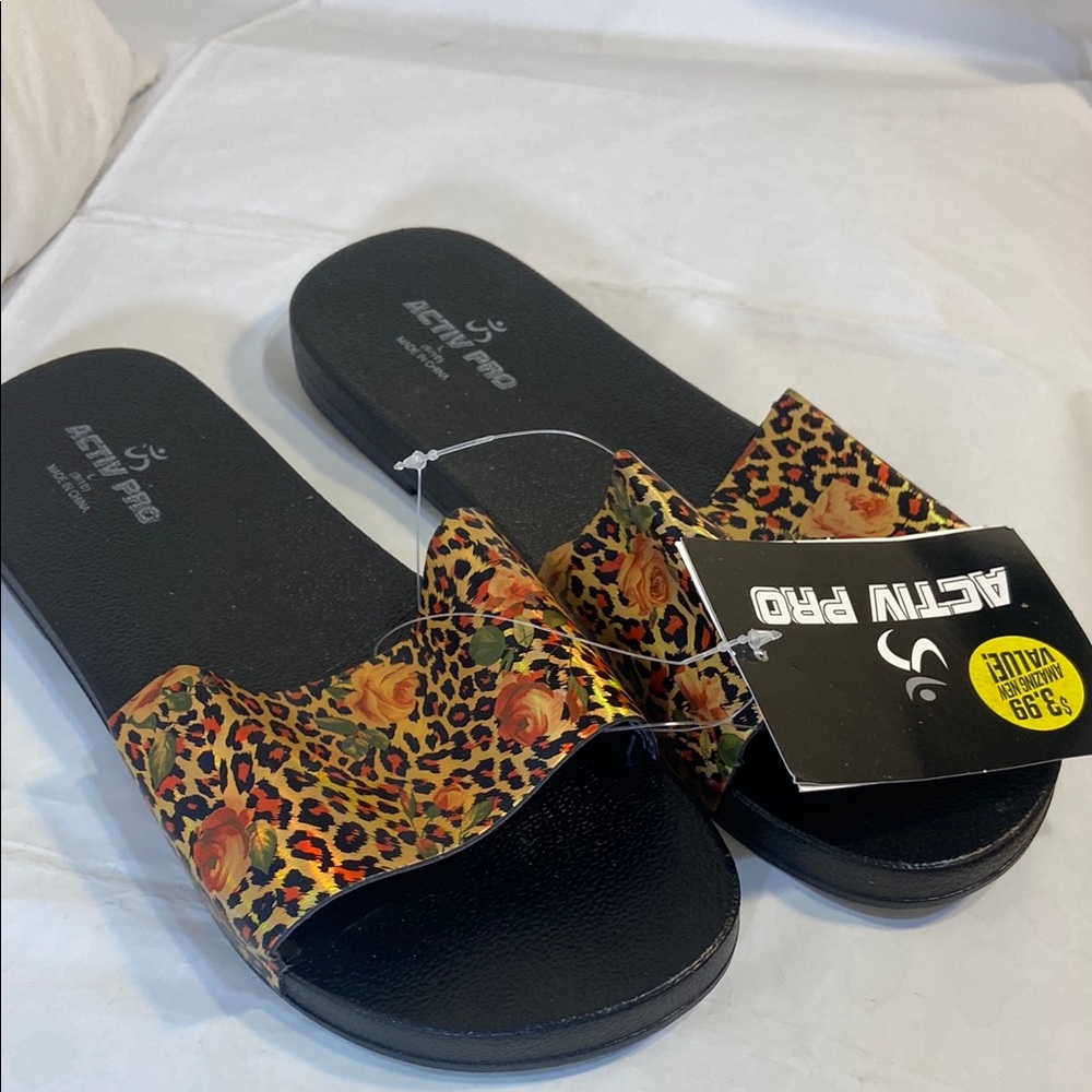 Rose Animal Print Activ Pro Women's Black Size Large 9/10 Sandals New